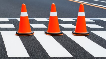 Three orange traffic cones are placed on a pedestrian crosswalk on an asphalt road.