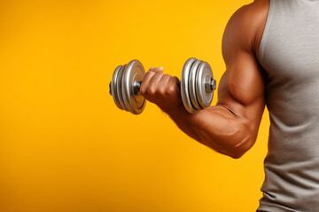 Strong man lifting dumbbell against vibrant yellow background, showcasing muscular arm strength and fitness enthusiasm