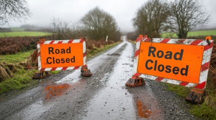Two "Road Closed" signs block a wet, rural road, surrounded by trees and fields on a cloudy day.