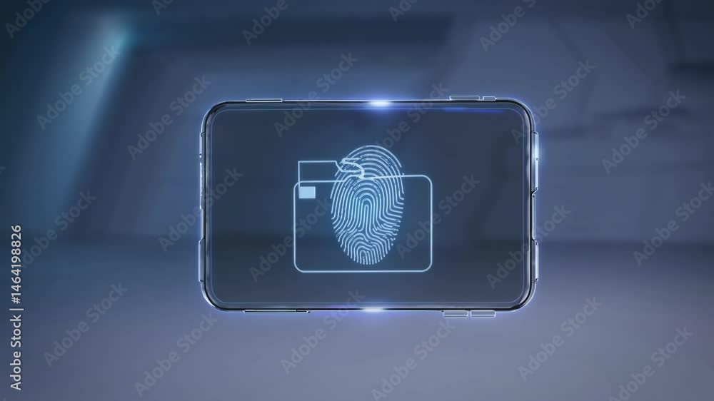 Poster smartphone screen displays a digital fingerprint scan over a folder icon, symbolizing biometric auth