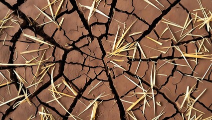 Climate action sustainability and renewable biomass depicted through a top view of cracked soil with scattered straw in high contrast earth tones.