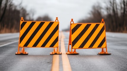 Two striped road barriers block the middle of an empty road, indicating a closure or construction ahead.