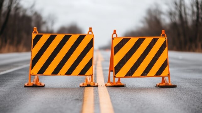 Two striped road barriers block the middle of an empty road, indicating a closure or construction ahead.