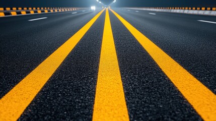 Freshly painted yellow road lines on a wide, empty asphalt highway at night with headlights in the distance.