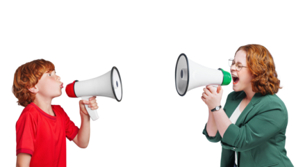 A little boy and a young woman stand opposite each other and shout into megaphones.