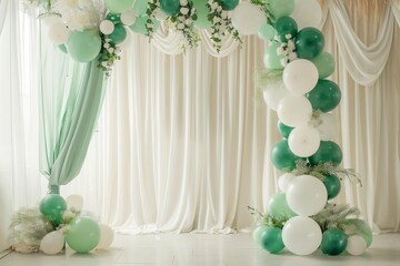 Elegant Green and White Balloon Arch with Drapery for Celebrations
