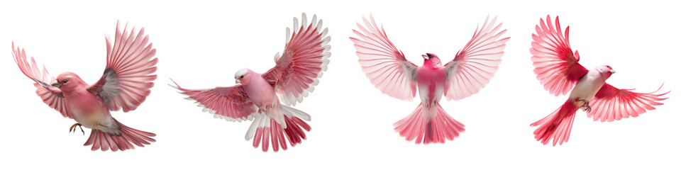 Collection of Pink birds flying pose with wide open wings on white or transparent background