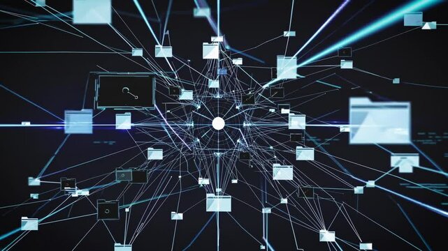 Complex data nodes interconnected in a digital network hub, visualizing global file exchange and real-time system access in cyberspace with a luminous center of activity.