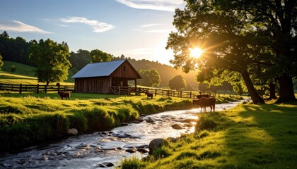 Barn with Cows Near River at Sunset