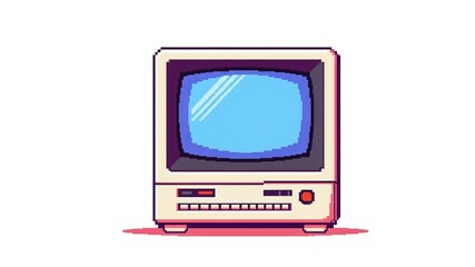 A retro pixel art illustration of a vintage computer monitor displaying a blank blue screen on a white background.