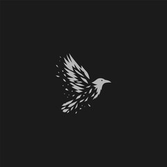 Flying crow logo with fragmented feather silhouette style.