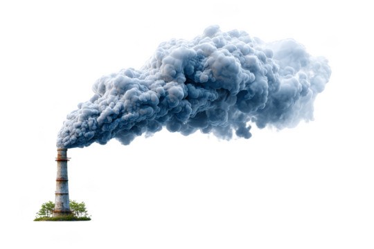 A factory smokestack releases a large, dense cloud of smoke into the air. Png, Transparent background.