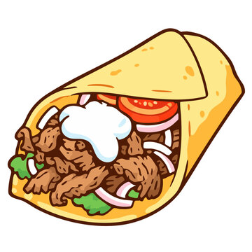 Meat and vegetables with sauce in tortilla wrap, doner kebab or burrito street food, doodle isolated cute clean and simple vector illustration