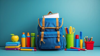 Back to school supplies on a white background with colorful gift box decorations