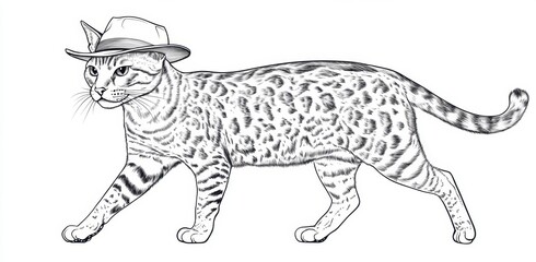 Stylish Cat Illustration Wearing a Fedora Hat in Black and White