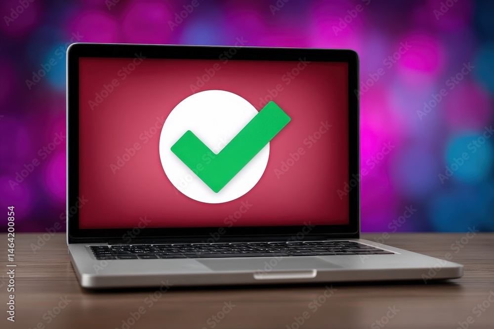 Poster laptop screen displaying a large green checkmark on a vibrant pink backdrop symbolizing approval suc