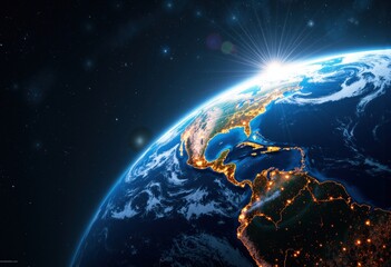 Naklejka premium Bright sunrise over Earth seen from space highlighting the Americas and glowing city lights
