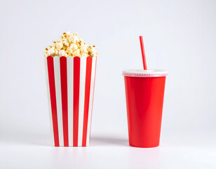 Popcorn and drink in red striped containers on white background for movie snack concept