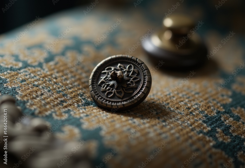 Aufkleber close-up of an ornate button resting on a textured fabric background