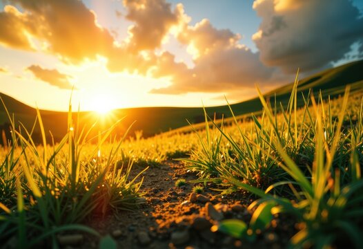 Golden sunset over a grassy field with vibrant clouds in the sky - Powered by Adobe