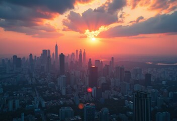 Fototapeta premium Stunning city skyline at sunset with vibrant orange and pink hues over tall skyscrapers