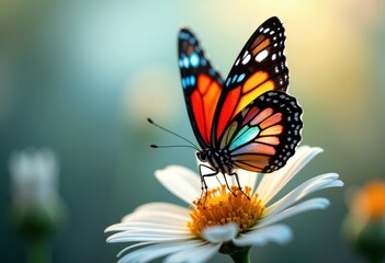 Obraz premium Colorful butterfly perched on a daisy flower in soft sunlight