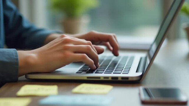 Close-Up: Typing Hands with Sticky Notes and Smartphone - Powered by Adobe