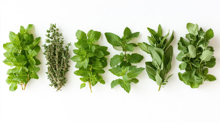 Obraz premium Peppermint, Lemon balm, Peppermint , Chamomile, Lemon balm, Tarragon, Caraway seed on blue background.