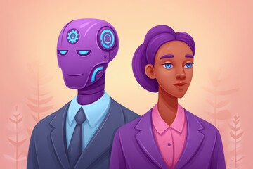 Fototapeta premium A confident female professional standing alongside a humanoid robot in elegant suits presenting a fusion of technology and human intellect showcasing the future of collaboration in a vibrant