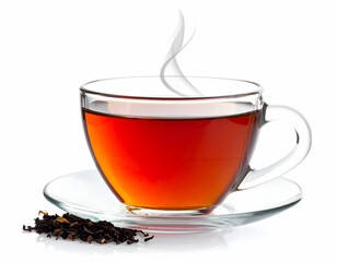 A white teacup with hot green tea and mint, a healthy morning beverage, sits on a saucer