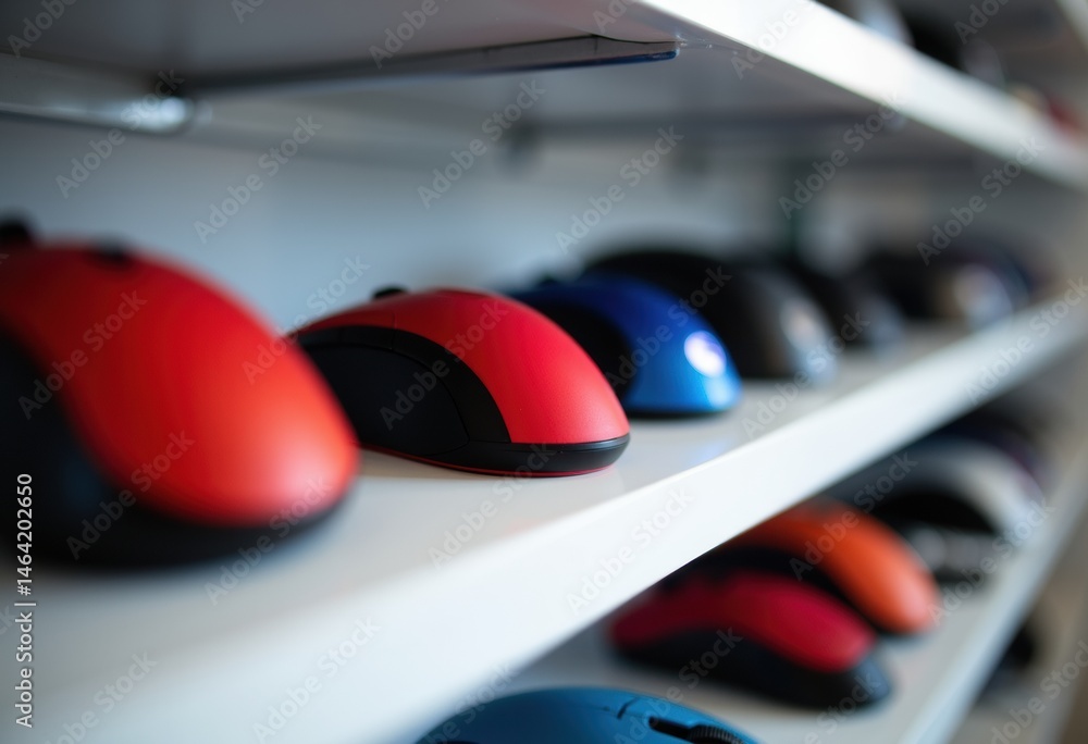 Poster computer mice in various colors arranged on a white shelf for display or sale