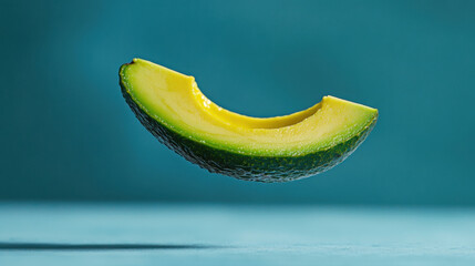 a flying slice of avocado, isolated on a blue background.