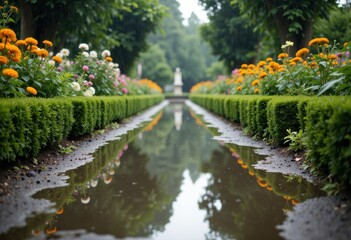 Serene garden pathway lined with vibrant flowers and a reflective pond