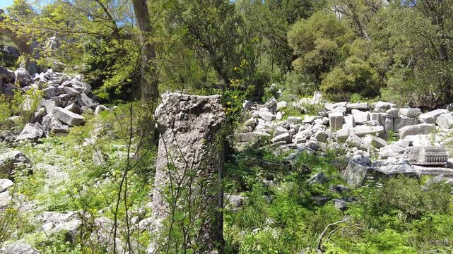 4K Remains of the ancient colonnaded street in Termessos, a historic site located in the Taurus Mountains (Gulluk Mountain) near Antalya, Turkey