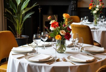 Elegant dining table set with flowers and glassware in a restaurant