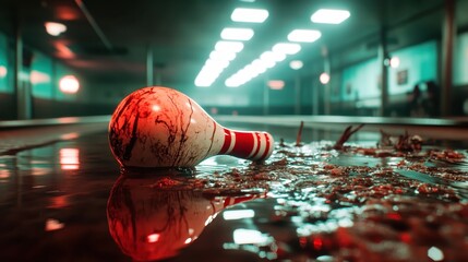 A haunting image of a weathered bowling pin sits in stagnant water inside a dimly lit alley, evoking feelings of nostalgia, abandonment, and the passing of time in a once-vibrant space.