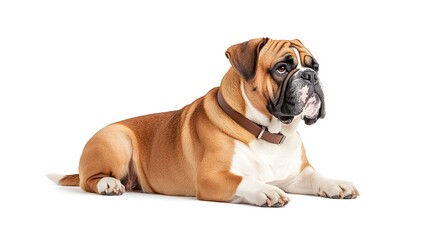 A fawn-colored bulldog lies down, gazing intently to its right, wearing a brown leather collar against a stark white background