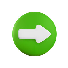 Vector cartoon 3d right arrow button. Cute realistic forward direction white arrow sign on green circle. 3d render plastic navigation direction icon for infographic, web, business app, design.