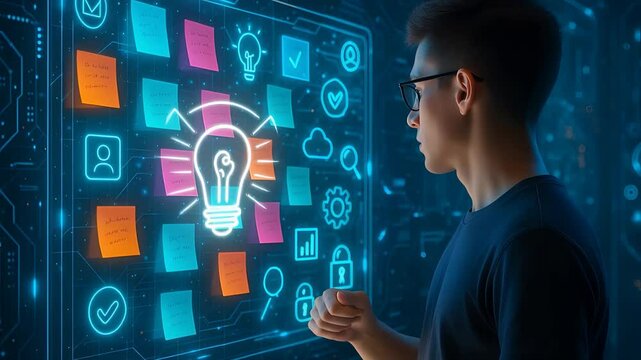 Man Standing in Front of Digital Idea Board with Glowing Lightbulb Representing Innovation, Planning, and Creative Thinking

