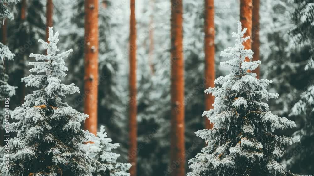 Poster hoarfrost delicately coats evergreen trees in a serene winter forest, creating a magical and captiva