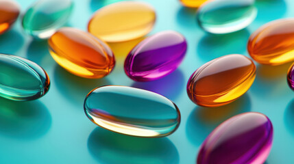 Vitamin E soft gel capsules, vitamin D3, fish oil, omega 3, Green oil pills on a white background. A lot of colorful medication and pills. Assorted pharmaceutical medicine pills. 3d illustration
