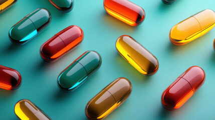 Vitamin E soft gel capsules, vitamin D3, fish oil, omega 3, Green oil pills on a white background. A lot of colorful medication and pills. Assorted pharmaceutical medicine pills. 3d illustration
