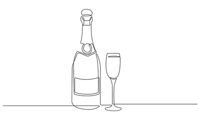 Wine Glass and Wine Bottle One Line Drawing. Glass of Wine Abstract Minimal Simple Linear Drawing. Drink Concept Continuous One Line Illustration. Modern Trendy Contour Drawing. Vector EPS 10.