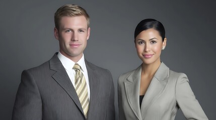 Two young professionals in formal attire, confident and poised, embodying modern corporate success.