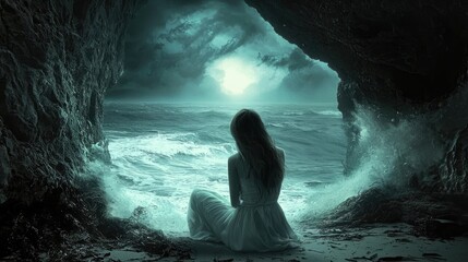 Fototapeta premium A lonely figure watches the turbulent sea from a cave entrance.