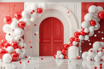 Vibrant Red and White Balloon Decor with Archway in Modern Setting
