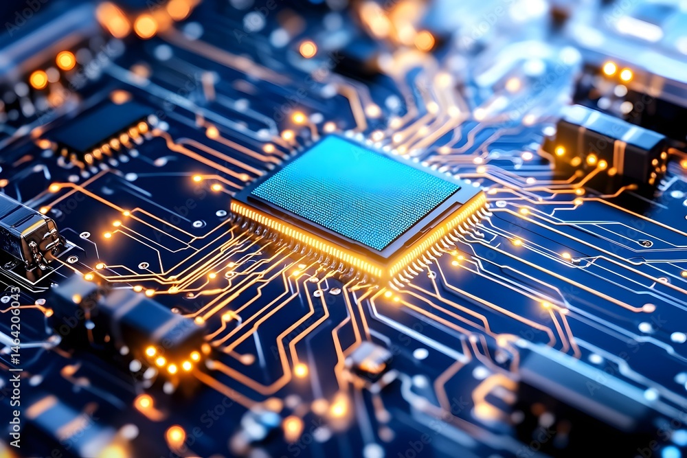 Poster close-up of a central processing unit integrated circuit on a circuit board, glowing with illuminate