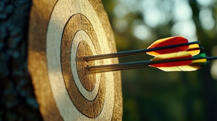 Archery target with arrows striking the board, illuminated by the sun on a clear day. 