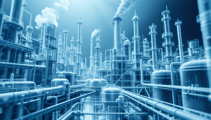 Industrial Refinery Complex  Pipes  Towers  and Processing Plant