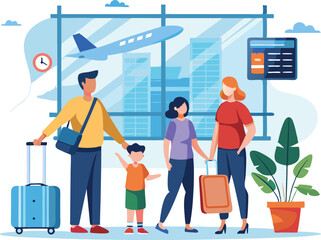 Family Travel Illustration: Airport Scene with Parents, Kids, Luggage, and Airplane Vector Graphic for Travel Blog or Website